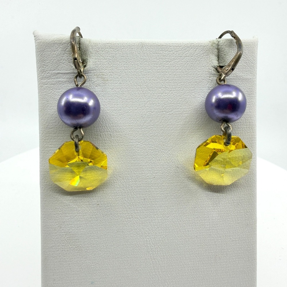 Celestial Yellow Crystal Dangle Earrings with Purple Faux Pearls - Boho